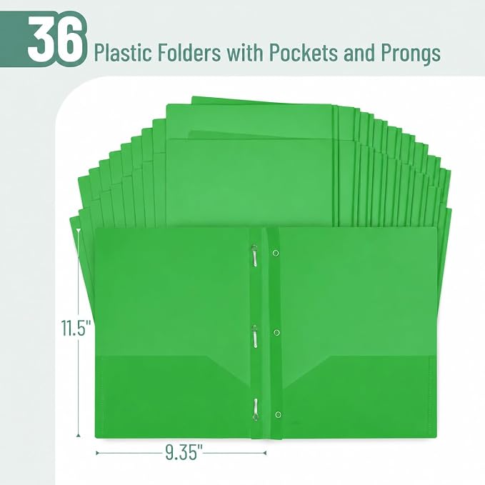 Mr. Pen- Plastic Folders with Pockets and Prongs, 36 Pack, Letter Size | Green, Flexible Plastic Folders with Prongs and Card Slot