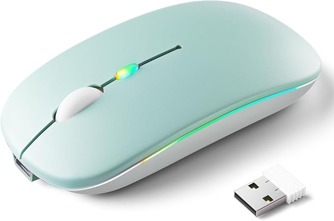Wireless Bluetooth Mouse – Rechargeable, Silent, Dual Mode (Bluetooth 5.2 & USB) with LED Lights – Portable for Laptop, Desktop, & Tablet(Green)