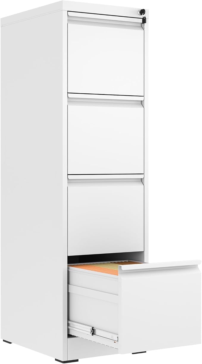 4 Drawer File Cabinet with Lock,Metal File Cabinet for Home Office | White Vertical Filing Cabinets Heavy Duty Office Storage Cabinets for Letter/Legal/A4/F4 Size File, Assembly Required