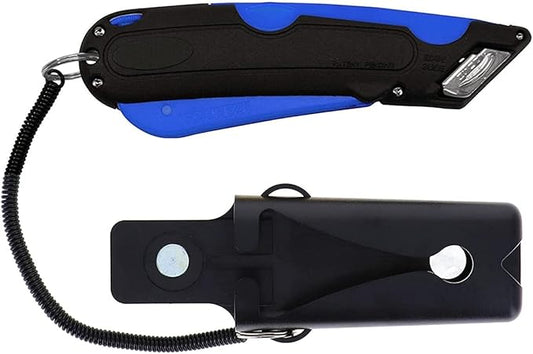 Veltec EZ-1000 Safety Box Cutter Utility Knife, 3 Blade Depth Setting, Squeeze Trigger and Dual Side Edge Guide, 2 Blades, Holster and Lanyard (Blue)