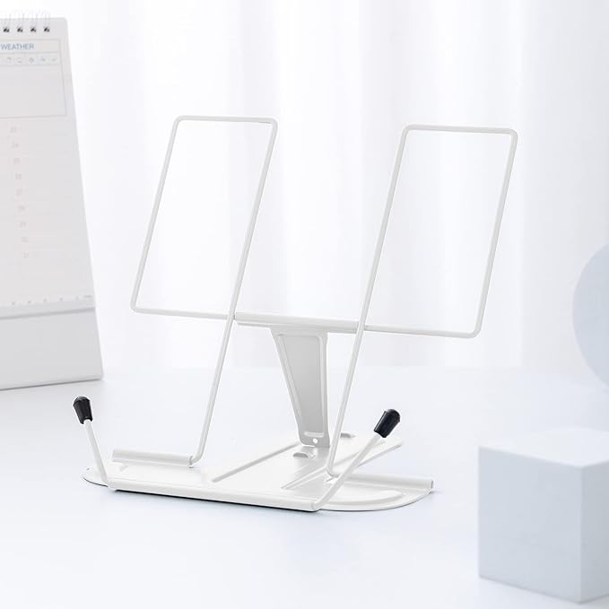 Metal Book Stand for Desk, Adjustable Reading Rest Book Holder, Portable Cookbook Documents Holder, Sturdy Typing Stand for Recipes Textbooks Tablet Music Books with Page Clips (White)