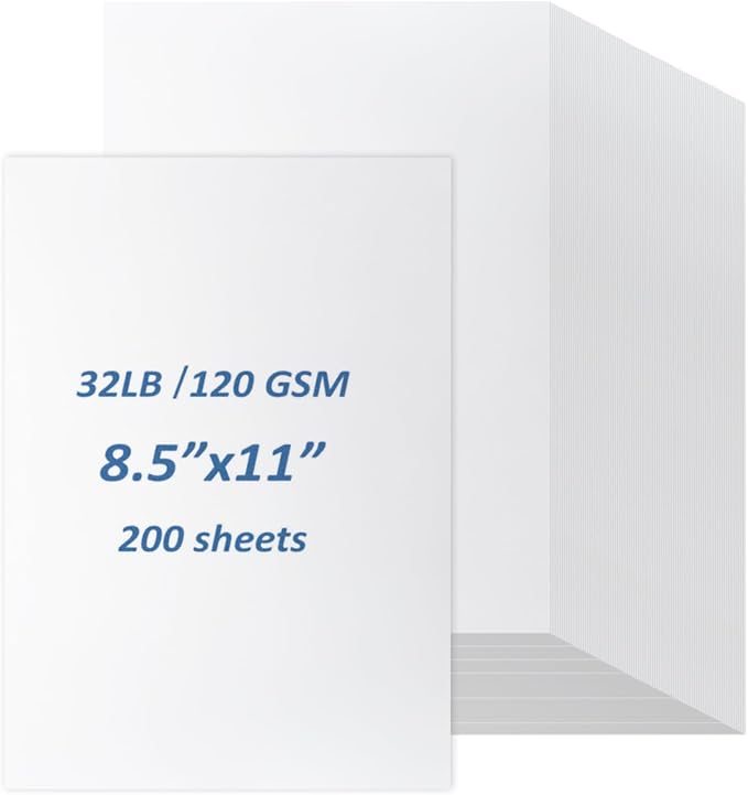 200 Sheets White Card Stock Printer Paper 8.5x11 inch, 32 lb/120 gsm Stationery Paper, White Cardstock Paper Sheets for Printing, Copy, Crafts, Letters, Invitations, Laser & Inkjet Printer Compatible