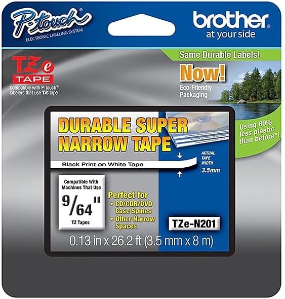 Brother Genuine P-Touch TZE-N201 Tape, 9/64" (0.13") Wide Super-Narrow Non-Laminated Tape, Black on White, Recommended for Home and Indoor Use, 0.13" x 26.2' (3.5mm x 8M), Single-Pack, TZEN201