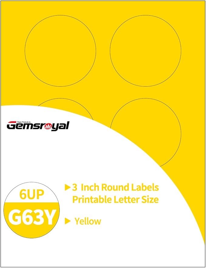3 Inch Yellow Round Labels Printable,3" Matte Yellow Color Coding Labels for Laser/Inkjet Printers,3 Colorful Circle Stickers,180 Circle Labels in Total,Letter Size