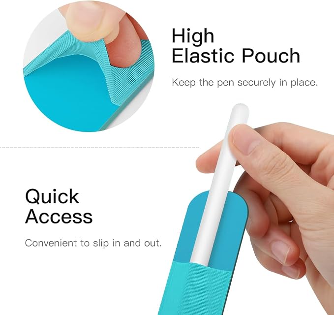 MoKo Adhesive Pencil Case Holder Sticker for Apple Pencil, Cyan Blue | Elastic Pencil Pocket Pouch, Adhesive Sleeve, Attached to iPad Case, For Pro/USB-C/1st/2nd Gen and Similarly Stylus Pens