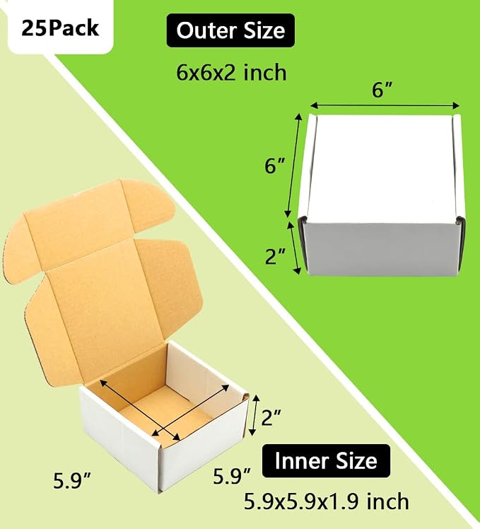 6x6x2 inches Shipping Boxes 25 Pack,TUKYLIL White Corrugated Cardboard Box,Mailer carton for Packaging Small Business,Gifts,Craft,Jewelry,daily supplies