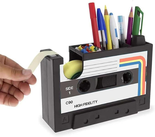 Retro Cassette Heat Tape Dispenser with Pen Holder for Desk Vintage 80s Office Mate Recycled 2-in-1 Office Stationery Storage (Colorful 02)