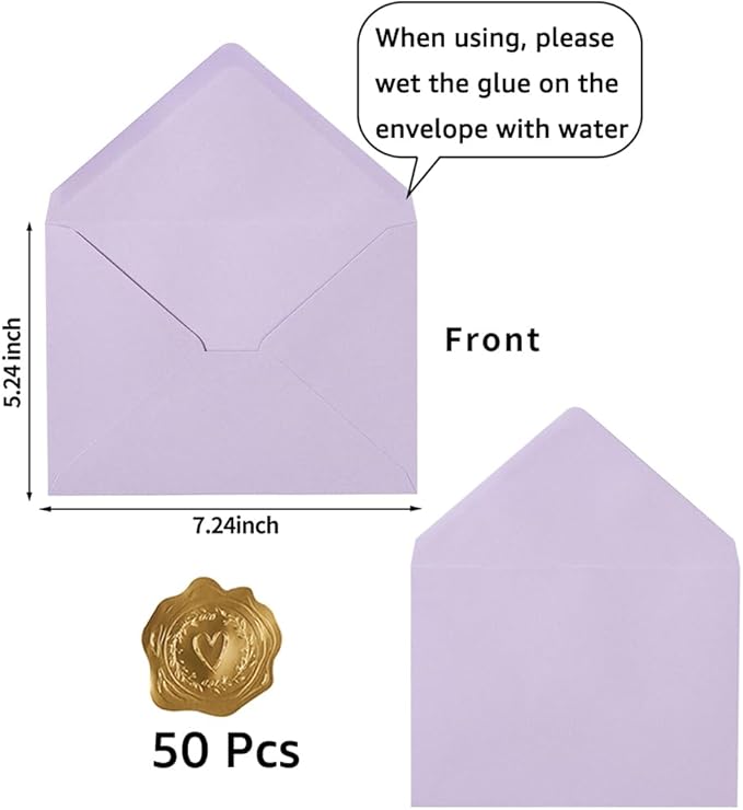 50 Pack A7 Colorful 5x7 Envelopes V Flap Invitation Envelopes for 5x7 Cards, Birthday, Weddings, Graduations, Greeting Cards, Baby Shower 5.24 x 7.24 Inches (Violet)