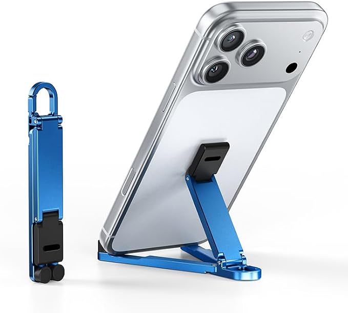 Portable Phone Stand, Foldable EDC Keychain Phone Holder with Snap Hook, Mini Aluminum Travel Cell Phone Stand for iPhone and Smartphones Under 8 Inches(Blue)