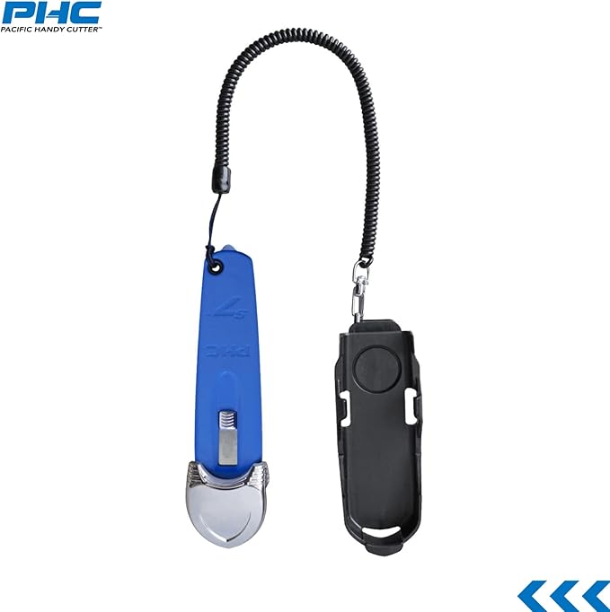 Pacific Handy Cutter S7 Safety Cutter, 3-in-1 Self-Retractable Utility Knife with Fold-Out Film Cutter, Bladeless Tape Splitter, Guard for Safety & Damage Prevention , Blue