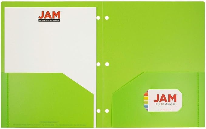 JAM PAPER Heavy Duty Plastic 3 Hole Punch Pocket Folders - Extra Tough School Folders - Lime Green - 24/Pack