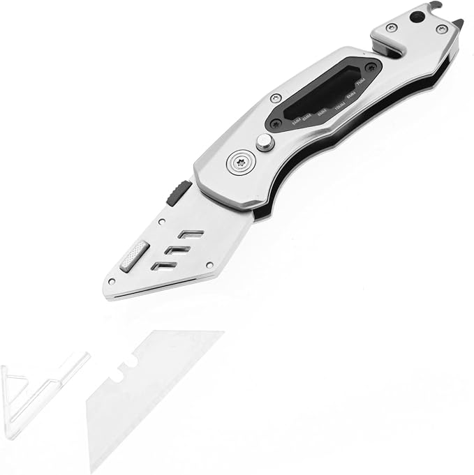 Utility Knife Folding Safety Lock Quick Change with 10 Extra SK5 Replacement Blade Lightweight Aluminum Handle & Pocket Clip Multi-Use Box Cutter Office Home Art Diy Great Gift Choice (UPG V. Silver)