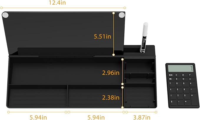 TOWON Glass Desk Whiteboard with Calculator 17x6 in, Desk Organizer, Black | Desktop whiteboard with 12-digit LCD calculator. Storage for office, home, school. Glass dry erase with accessories.