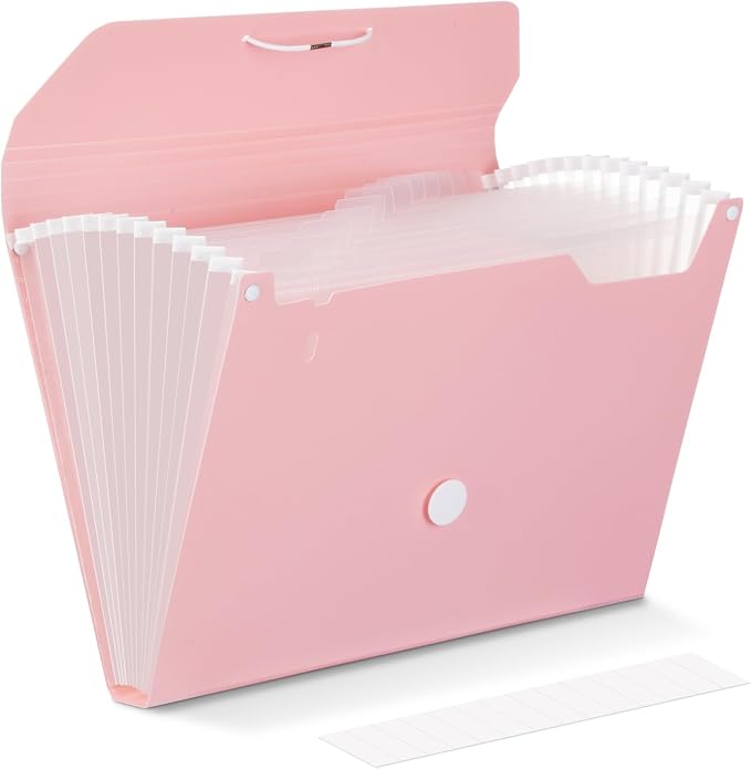 Comix Accordion File Organizer, 13 Pocket, Pink | Expanding File Folder, A6/Letter Size Documents, Includes Labels, For Office, Home, School