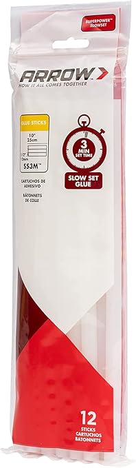Arrow SS3M Full Size Slow Set Glue Sticks for Hot Glue Guns, Use for High Temp and Low Temp Crafting, Hobbies, and General Repair Projects, 10-Inch by 1/2-Inch, Clear, 12-Pack