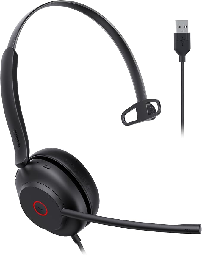 Yealink UH35 Wired Headset, USB-A, AI Noise Canceling Mic,HD Audio, On-Ear | Teams/Zoom Certified, Single-ear Headphones with 2-Microphones, Play&Plug for PC/Phone, Work,Calls,Online Meeting,5.6ft Cable