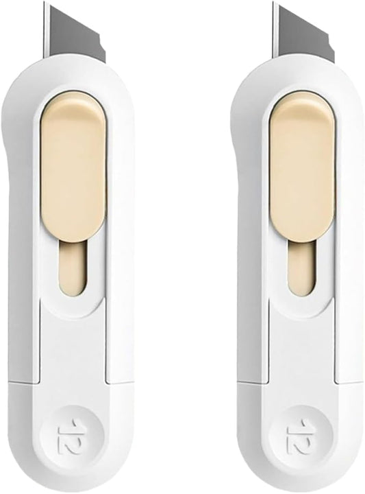 2 Pack Safety Box Cutter, Retractable Utility Knife for Opening Boxes, Letter Opener for Home, Office, and Craft Use (White)