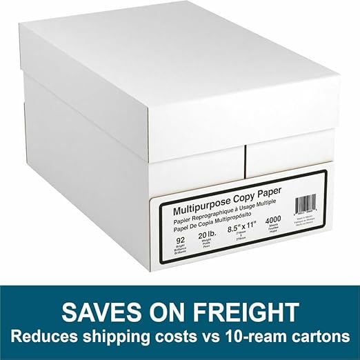 Multipurpose Copy & Printer Paper, Letter Size 8.5" x 11", 20 lb, 92 Bright, White, 500 Sheets/Ream, 8 Reams (4,000 Sheets Total)