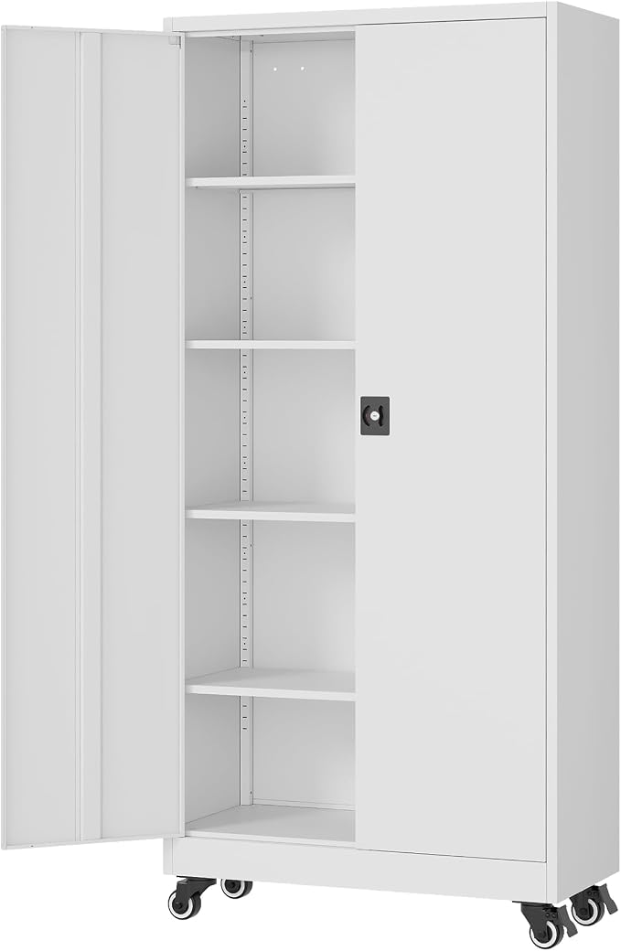 Fesbos Metal Rolling Storage Cabinet-74.6” Tall Steel File Cabinets with Wheels Lockable Doors and Adjustable Shelves-White Steel Storage Cabinet for Home, School, Office, Garage