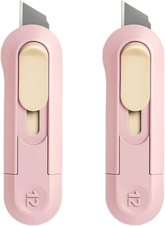 2 Pack Safety Box Cutter, Retractable Utility Knife for Opening Boxes, Letter Opener for Home, Office, and Craft Use (Pink)