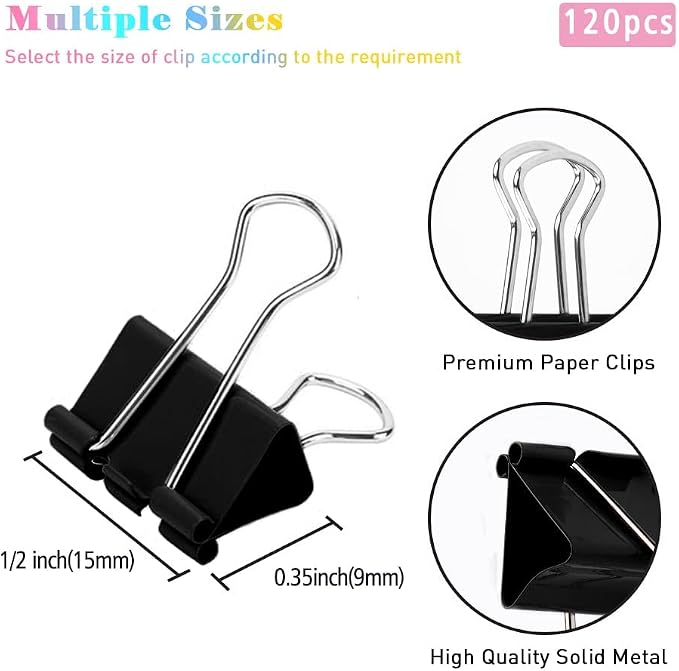 Mini Binder Clips, 144 Pack, 5/8 Inch, Black, Standard 15mm, Micro Paper Clips, Fold Clamp, Capacity 0.23 Inch, Office and School Supplie
