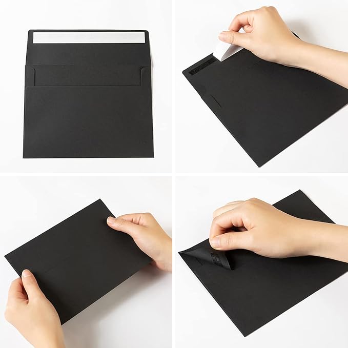 50 Pack 5 x 7 Envelopes Colored Self Seal for Wedding, Party Invitations, Greeting Cards, Announcements, Photos, 5.24 x 7.21 Inches (Black)