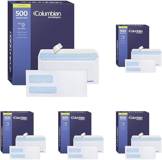 Columbian #9 Security Envelopes, 500/Box, Double Window, 3-7/8" x 8-7/8", Release & Seal Self Seal, SimplySafe Tamper Evident, White (COLO183) (Pack of 5)