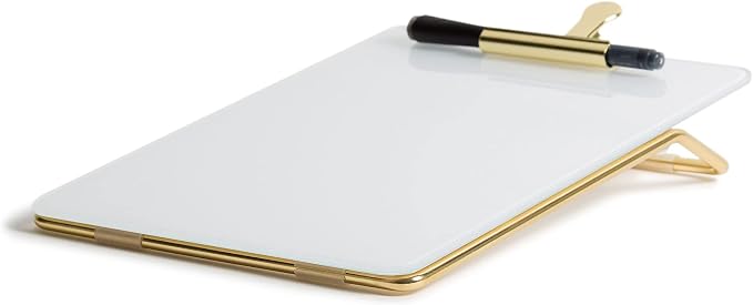 U Brands Desk Whiteboard Easel, Glass Dry Erase Board, Gold Wire Stand | A small white board and standing clipboard in one, with a marker whose cap is its own eraser and a clip that holds papers.