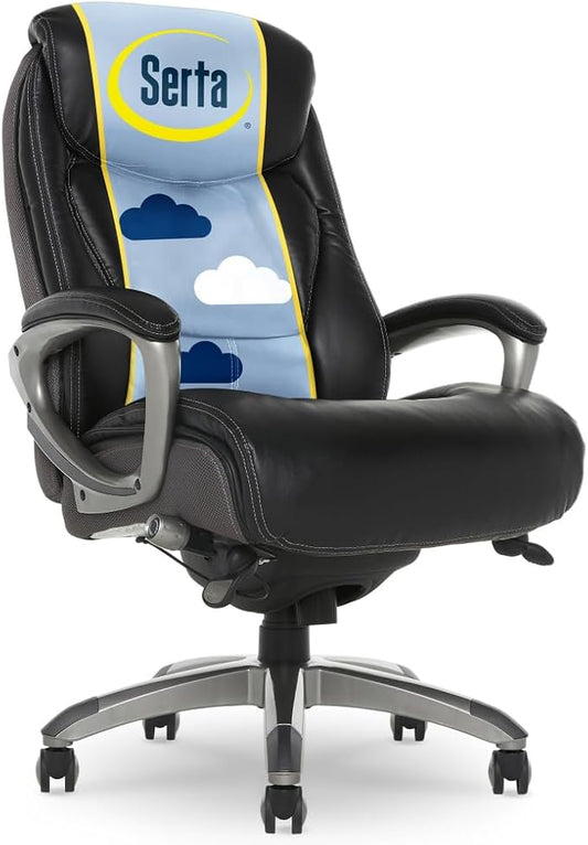 Serta Lautner Executive Home Office Desk Chair, Ergonomic High-Back with Adjustable Lumbar and Body Pillows, SmartLayers and ComfortCoils Technology, Mesh and Bonded Leather, Black and Gray