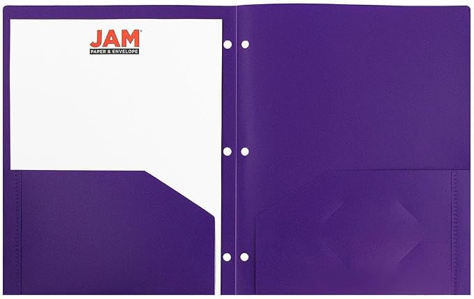 JAM PAPER Heavy Duty Plastic 3 Hole Punch Pocket Folders - Extra Tough School Folders - Purple - 24/Pack