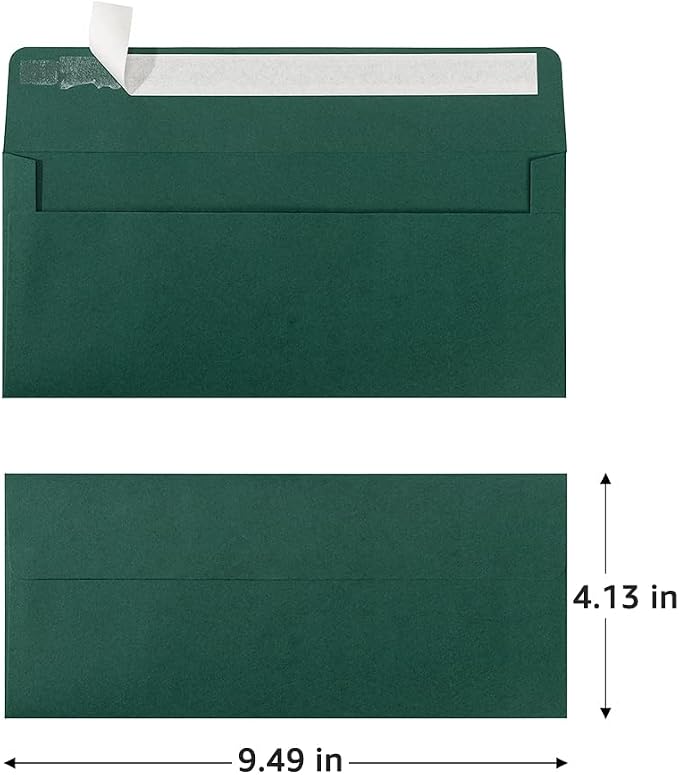 100 Pack Colored #10 Business Envelopes, 4.13 x 9.49 Inches, Dark Green | Self Seal, Standard Envelopes, For Office Checks, Business Letter Mailing, Greeting Card
