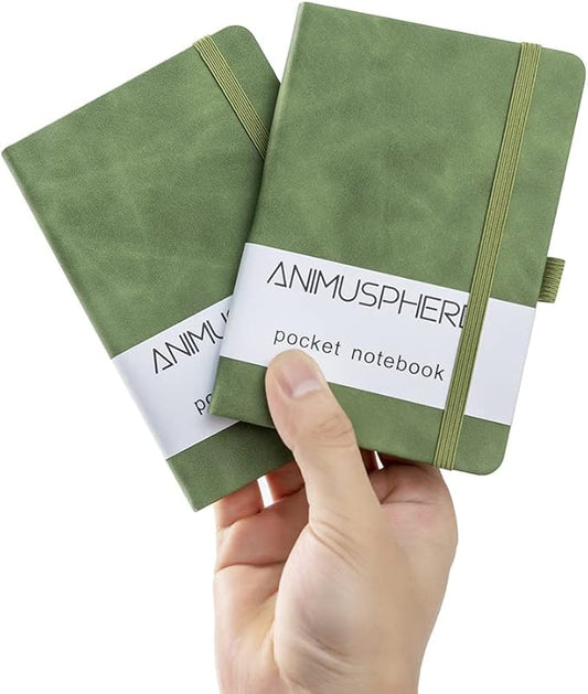 2Pack Pocket Notebook Small Notebook Journal Notebook 4 inches x 5.7 inches 200 Pages Leather Cover With Pen Holder Page Marker Ribbons(Green)