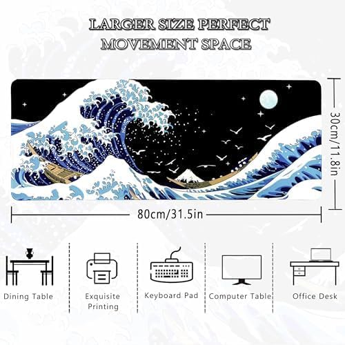 MEWOOCUE® Gaming Mouse Pad for Desk,Large Wave Mousepad Laptop,Black Japanese Anime Mouse Mat,Long XXL Waterproof Keyboard Pads,Big Non-Slip Mousepads for Game Office Home（31.5 x 11.9 in）