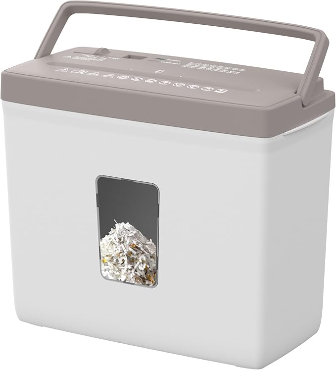 5-Sheet Cross Cut Paper Shredder for Home Office, P-4 High Security Level Document Shredder with 2.38 Gallon Bin, Jam Proof Design & Thermal Protection for Professional Use, Brown + White