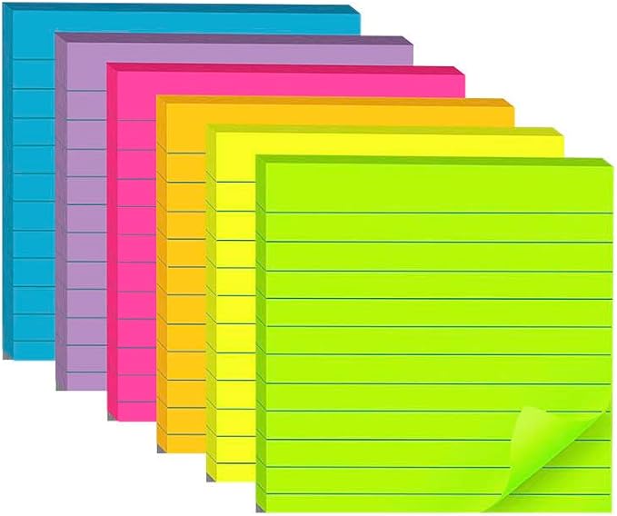 (6 Pads) Lined Sticky Notes 4x4 in, 6 Bright Colors Self-Stick Note Pads | Strong Adhesive, 47 Sheets/Pad