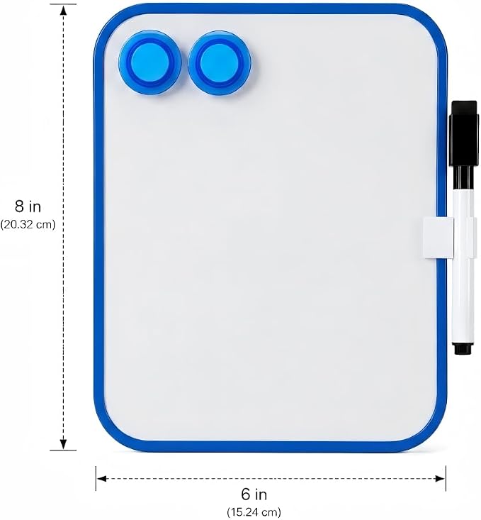 2 Pack Magnetic Dry Erase Board 6" x 8", Mini Whiteboard with Marker, Magnets & Pen Holder, Small Magnetic Whiteboard for Fridge, Locker, Office Desk, Kitchen, School & Home Organization(Blue)