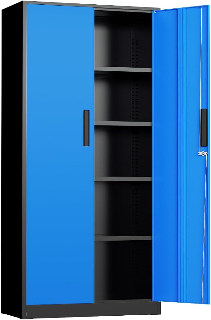 Metal Storage Cabinet, 72" Locking Steel Cabinets with 2 Door and 4 Adjustable Shelves, Tall Metal Cabinet for Home Office, Garage, Warehouse, Black+Blue