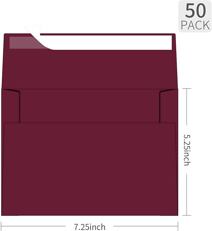 5x7 Envelopes For Invitation A7 Envelope white,50 pack 5x7 card Envelopes Self Seal,for weddings, greeting cards,baby shower,photos,birthday (50, Red, A7)