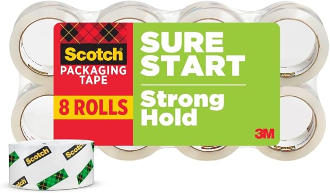 Scotch Sure Start Packing Tape, Clear, Quiet Unwind and Easy Start, 1.88 in. x 54.6 yd., 8 Tape Rolls