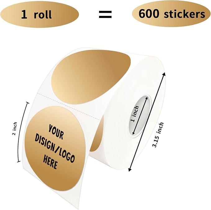 2 Inch Brown Round Thermal Sticker Labels, Self-Adhesive Circle Direct Thermal Labels, Multi-Purpose Roll Sticker Labels for DIY Logo Design, QR Code, Name Tag（ 600 Labels，1 Roll）