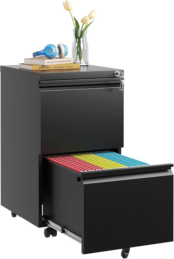 Guizeeopo 2 Drawer Locking File Cabinet, Fully Assembled Heavy-Duty Metal Filing Cabinets for Home Office, Quiet Slides, Anti-Tipping Wheels, Fits A4/Letter/Legal, Matte Black