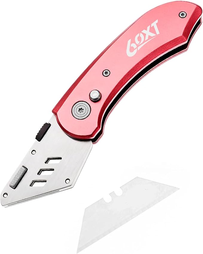 Utility Knife Folding Safety Lock Quick Change with 10 Extra SK5 Replacement Blade Lightweight Aluminum Handle & Pocket Clip Multi-Use Box Cutter Office Home Art Diy Great Gift Choice (New.Red)