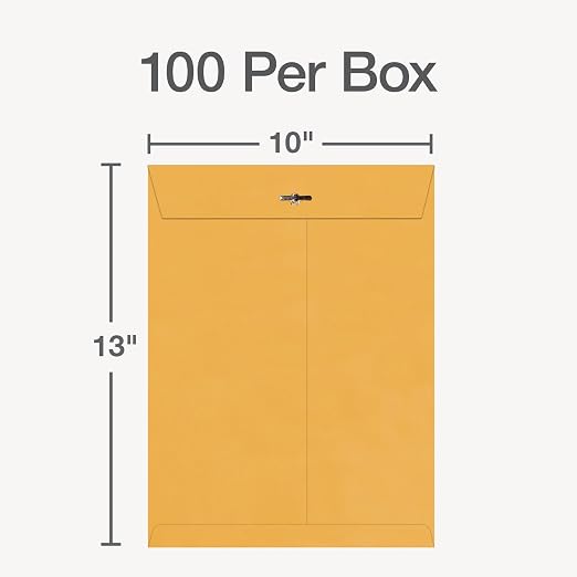 Columbian Clasp Envelopes, Heavy-Duty Brown Kraft, Secure Metal Clasp and Gummed Seal, Large Mailing Envelopes, 10" x 13", 100 per Box (1016827)