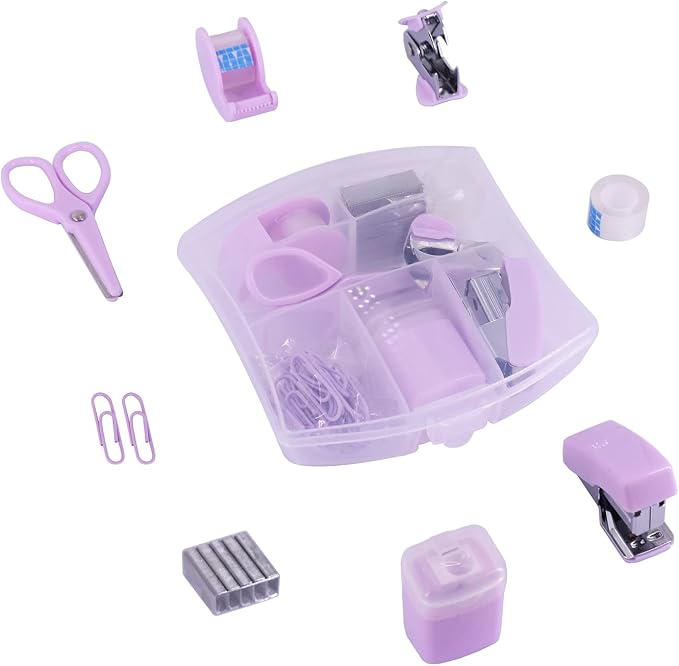 Mini Office Supply Kits Small Stapler for Student Office Purple | Includes Mini Stapler,Scissors, Staple Remover, Staples, Tape Dispenser for Gift (Purple)