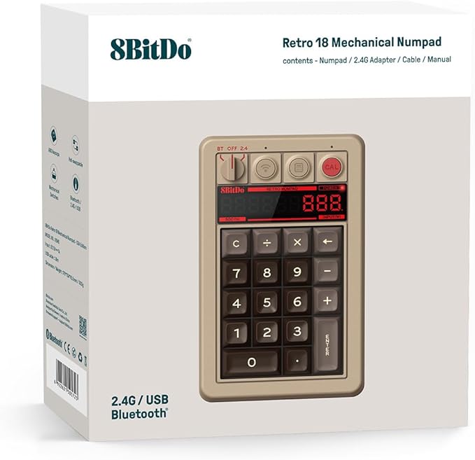 8Bitdo 18 Key Retro Mechanical Numpad, Supports PC & Standard Calculator Mode, Hot-swappable, PC Calculator Shortcut Button, Bluetooth/2.4G/Wired for Windows and Android - C64 Edition