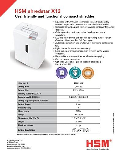HSM shredstar X12 Cross-Cut; Shreds Up to 12 Sheets; 6.1-Gallon Capacity Shredder, White | HSM1059