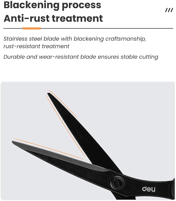 Deli Black Steel Scissors, Sharp Anti-Stick Cutter for School Office Craft | Smooth clean cuts, ergonomic comfy grip, durable blade perfect for back-to-school & handmade crafts office use