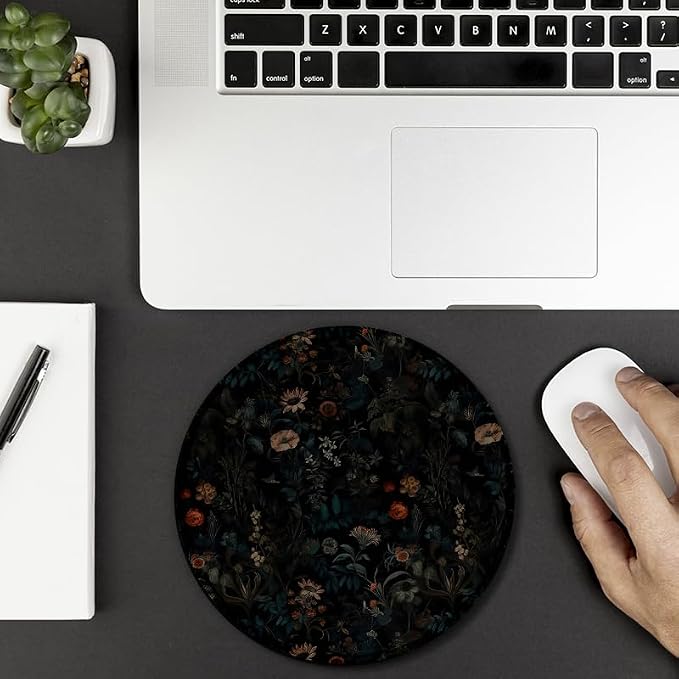 Dark Gothic Moody Floral Round Mouse Pad, Black Boho Mystical Exotic Botanical Flower Mousepad Mat for Home Office Computer Laptop Desk Accessories 7.9x7.9 in