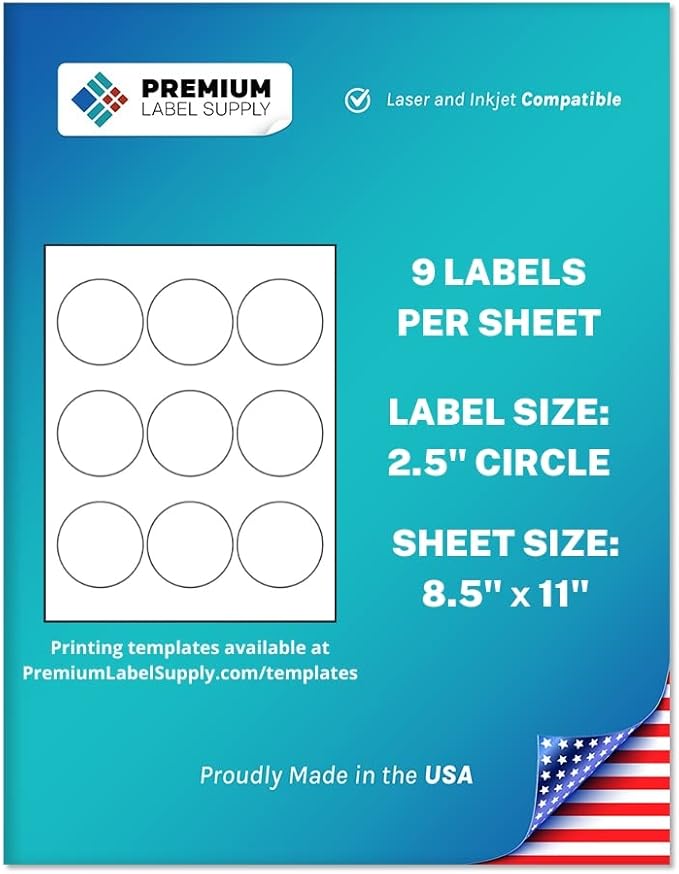 Premium Label Supply White Sticker Round Labels – 2.5" Circle – Laser/Inkjet Compatible – (9 per Sheet), 500 Sheets – 4,500 Total Adhesive Labels