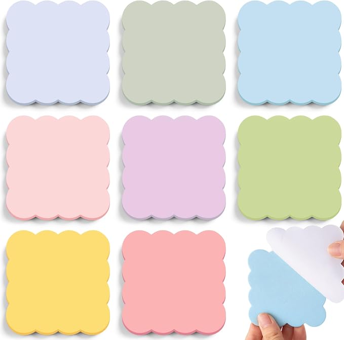 Eaasty 8 Pack Scalloped Sticky Notes 3" X 3" Pastel Memo Pads | Aesthetic Cute Wavy Edges, Self-stick for School Office Desk, 240 Sheets Bulk, Pretty Design for Reminders Planning